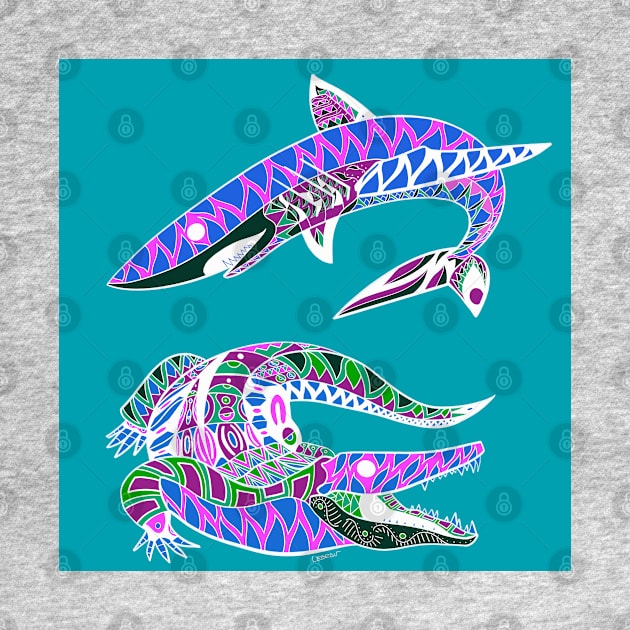 the shark and the crocodile king of the swamp and the ocean ecopop pattern in mayan floral art by jorge_lebeau